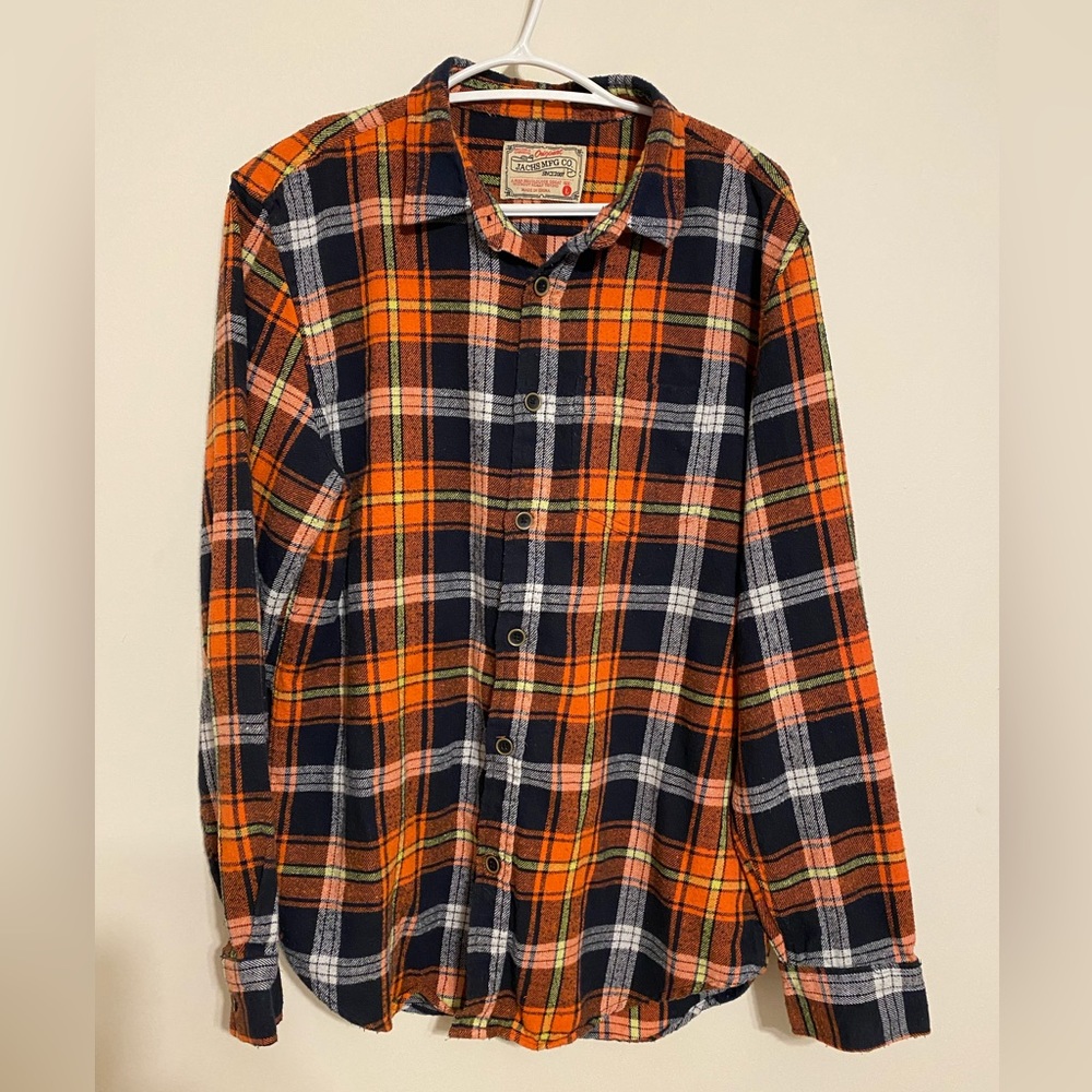 Orange and blue button down lumber jack shirt